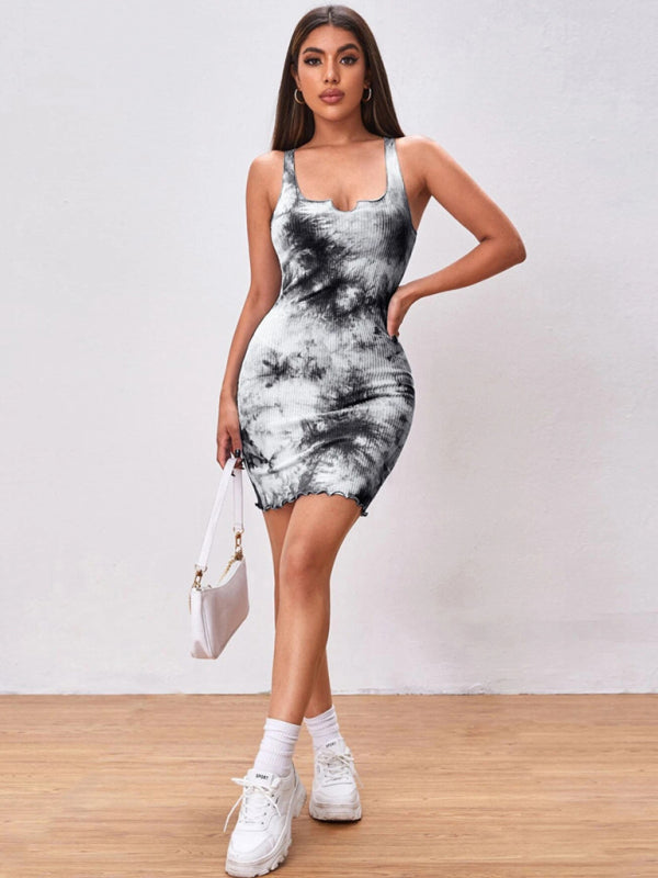 Tie-Dye Bodycon Camisole Dress – Sleeveless Wrap Skirt, Adjustable Straps