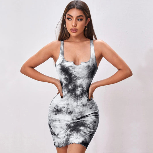 Tie-Dye Bodycon Camisole Dress – Sleeveless Wrap Skirt, Adjustable Straps