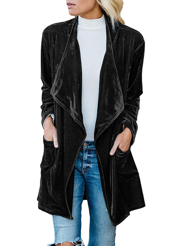 Women's Gold Velvet Mid-Length Trench Coat Black