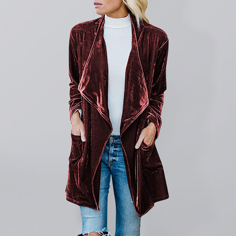 Women's Gold Velvet Mid-Length Trench Coat Wine Red
