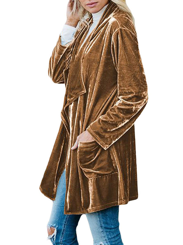 Women's Gold Velvet Mid-Length Trench Coat