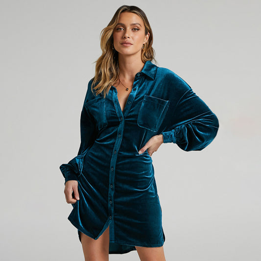 Retro Gold Velvet Shirt Dress – Lapel Collar & Balloon Sleeves for Spring & Summer