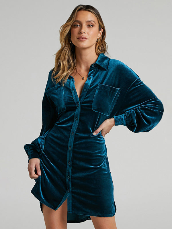 Retro Gold Velvet Shirt Dress – Lapel Collar & Balloon Sleeves for Spring & Summer