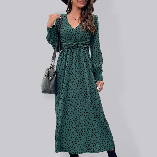 Polka Dot Knotted High-Waist Long Sleeve Dress – V-Neck Spring Style