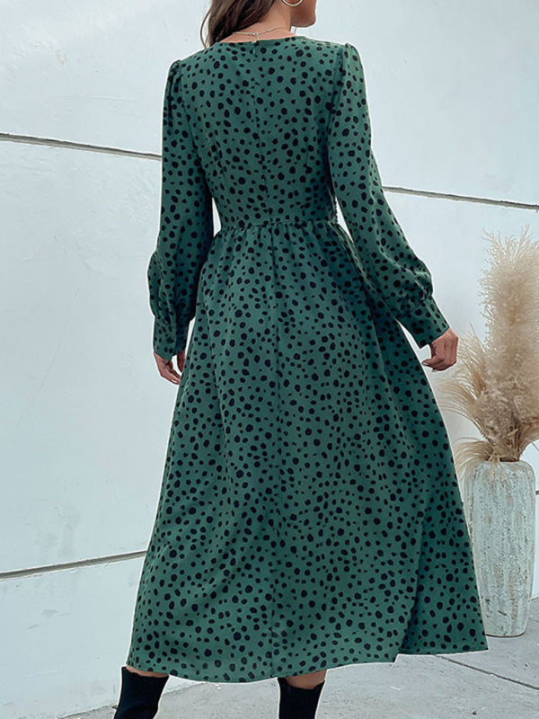 Polka Dot Knotted High-Waist Long Sleeve Dress – V-Neck Spring Style