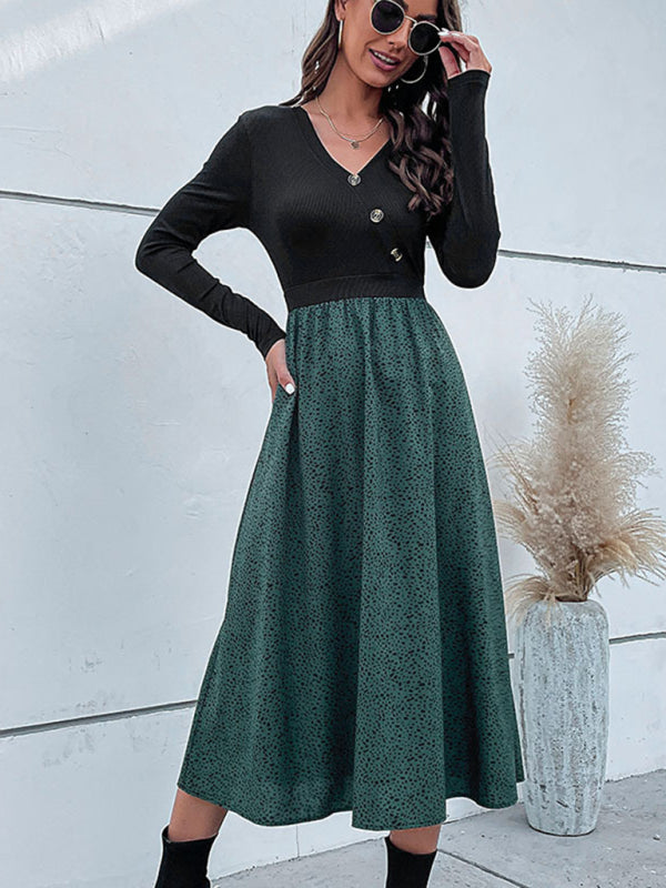 Retro Polka Dot Long Sleeve Dress – High-Waist V-Neck Knit Design