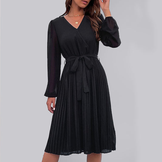 Romantic Pleated V-Neck Lantern Sleeve Midi Dress – Spring-Summer Style