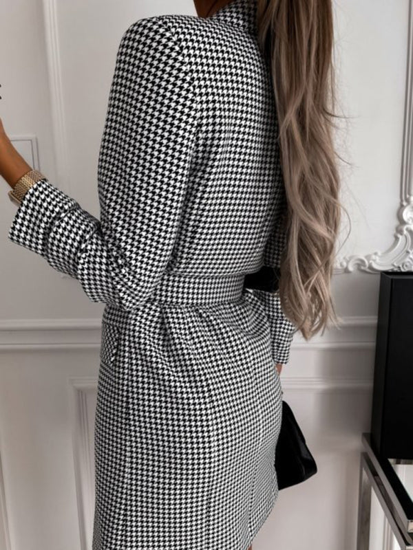 Houndstooth Double-Breasted Long-Sleeve Belted Dress – Elegant Lapel Design