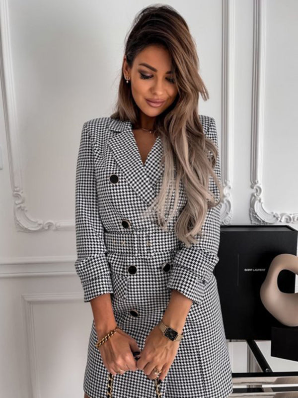 Houndstooth Double-Breasted Long-Sleeve Belted Dress – Elegant Lapel Design