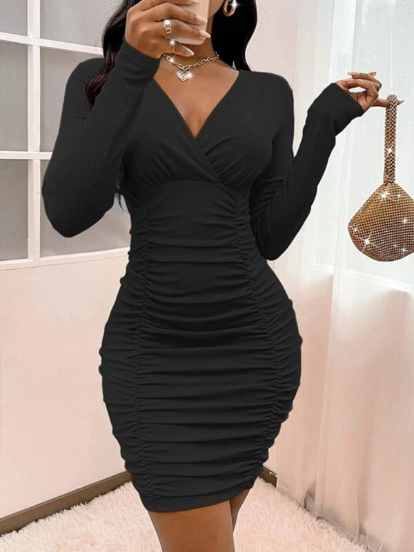 Knitted Solid Color Slim Fit Dress – Cross Neck & Gathered Hip