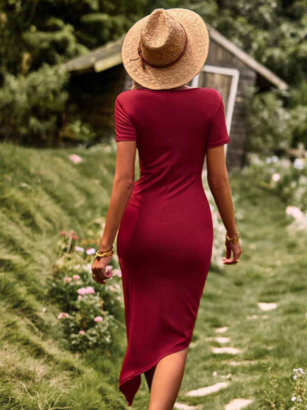 High Stretch Knit Midi Dress – Long Sleeve Casual Fit with Round Neck
