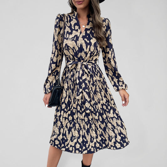 Pleated Long Sleeve Boho Dress – V-Neck, High Waist, Purplish Navy