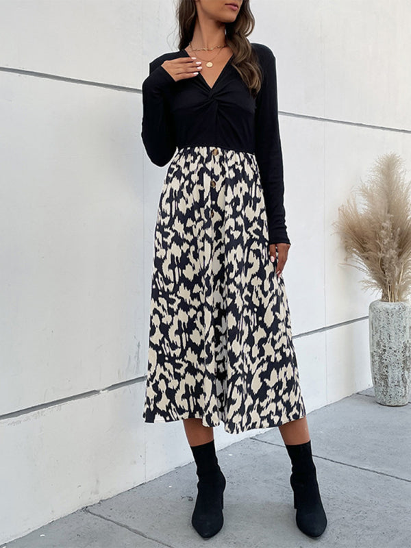 Colorblock V-Neck Maxi Dress – High Waist Boho Long Sleeve Style