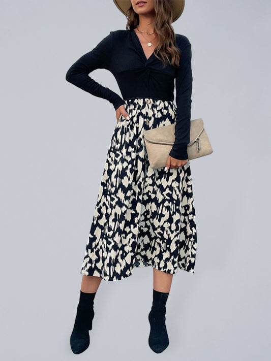 Colorblock V-Neck Maxi Dress – High Waist Boho Long Sleeve Style