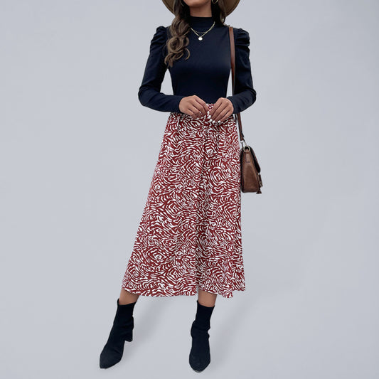 Zebra Print Puff Sleeve Midi Dress – Bohemian Long Sleeve High Collar