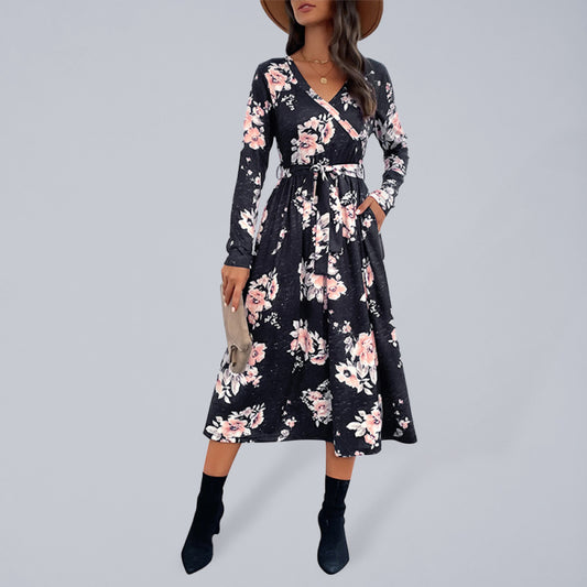 Boho Long-Sleeve Printed Midi Dress – V-Neck, High Waist, Spring Style