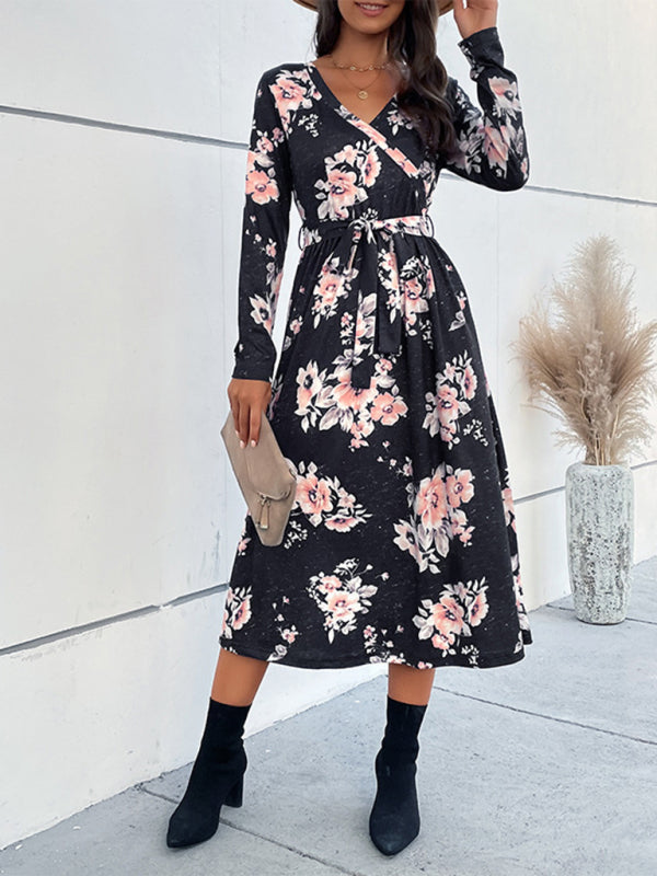 Boho Long-Sleeve Printed Midi Dress – V-Neck, High Waist, Spring Style