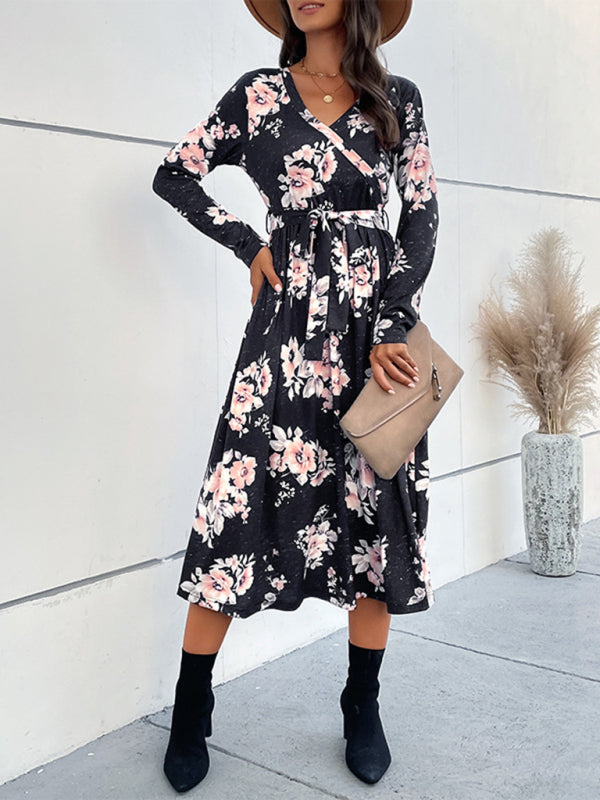 Boho Long-Sleeve Printed Midi Dress – V-Neck, High Waist, Spring Style