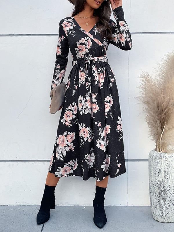 Boho Long-Sleeve Printed Midi Dress – V-Neck, High Waist, Spring Style
