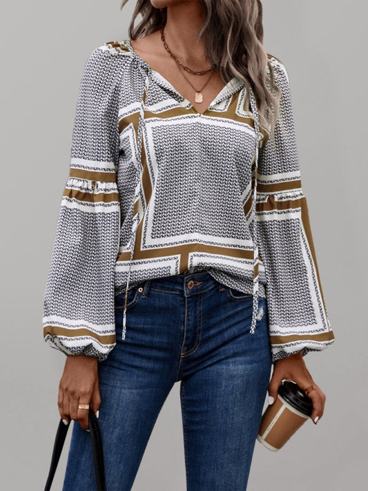 Women's Geometric Print Balloon Sleeve Blouse
