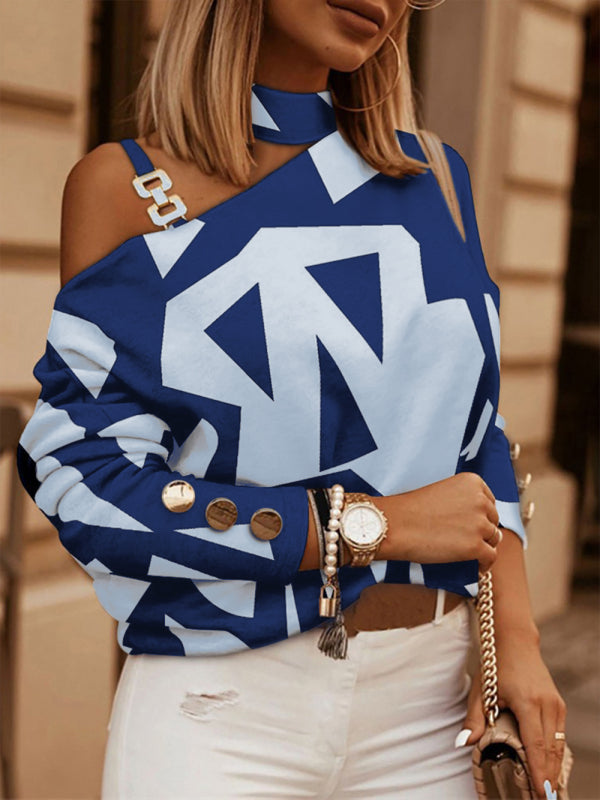 Geometric Print Chain Halter Long Sleeve Blouse