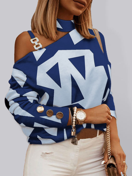 Geometric Print Chain Halter Long Sleeve Blouse