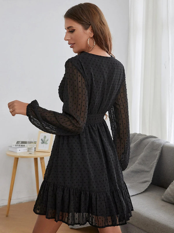 Polka Dot Jacquard Midi Dress – V-Neck, Long Sleeves, Elegant Spring Style
