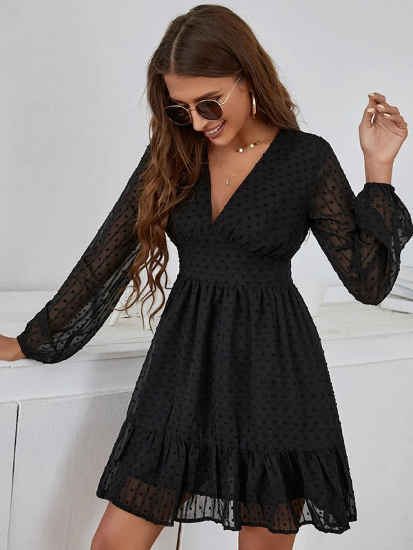 Polka Dot Jacquard Midi Dress – V-Neck, Long Sleeves, Elegant Spring Style