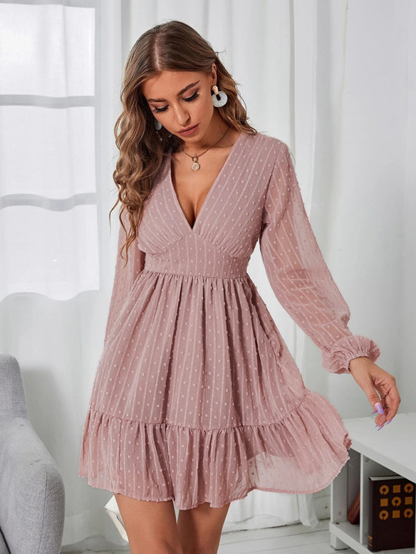 Polka Dot Jacquard Midi Dress – V-Neck, Long Sleeves, Elegant Spring Style