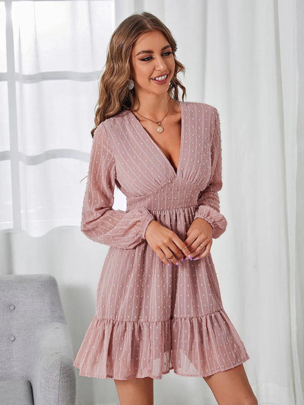 Polka Dot Jacquard Midi Dress – V-Neck, Long Sleeves, Elegant Spring Style