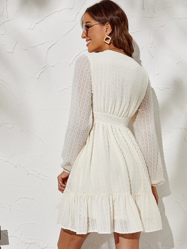 Polka Dot Jacquard Midi Dress – V-Neck, Long Sleeves, Elegant Spring Style