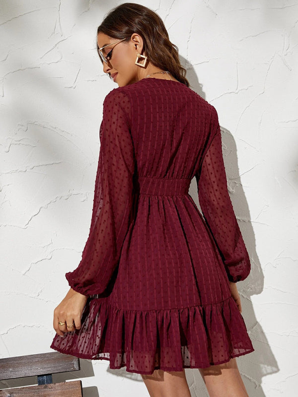 Polka Dot Jacquard Midi Dress – V-Neck, Long Sleeves, Elegant Spring Style
