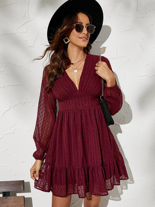 Polka Dot Jacquard Midi Dress – V-Neck, Long Sleeves, Elegant Spring Style
