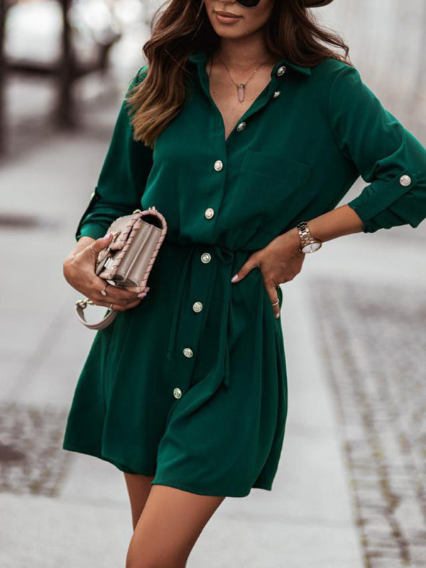 Women's Long Sleeve Shirt Dress – Solid Button-Down Midi with Waist Tie
