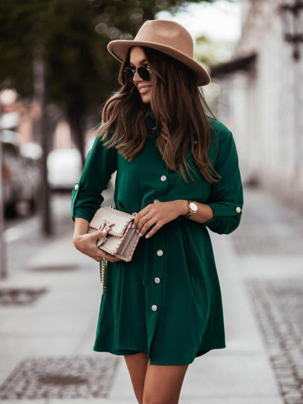 Women's Long Sleeve Shirt Dress – Solid Button-Down Midi with Waist Tie
