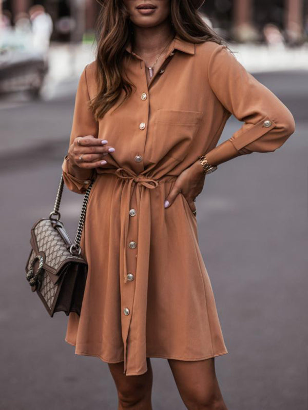 Women's Long Sleeve Shirt Dress – Solid Button-Down Midi with Waist Tie