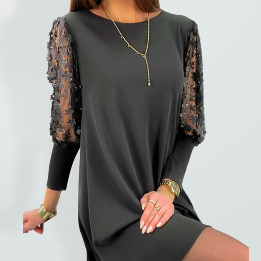 Lace Sleeve Solid Color Casual Midi Dress – Graceful Fit & Long Sleeves