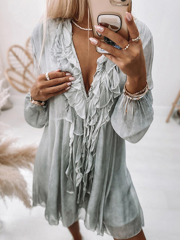 Ruffled Long Sleeve Midi Dress – A-Line Fit, Lantern Sleeves & V-Neck
