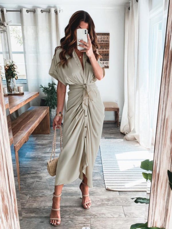 Pleated Shirt Dress – Short Sleeve, Lapel Collar, Solid Color, Summer Fit