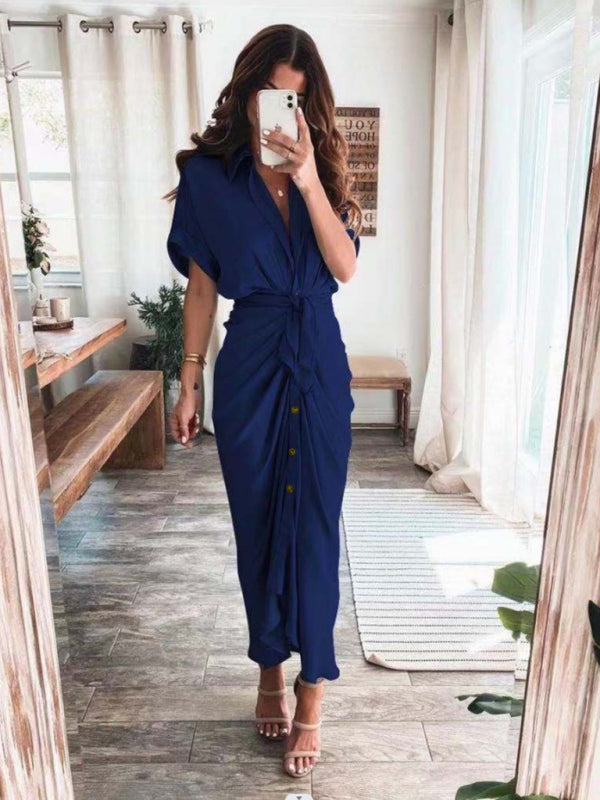 Pleated Shirt Dress – Short Sleeve, Lapel Collar, Solid Color, Summer Fit