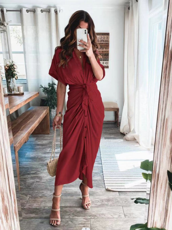 Pleated Shirt Dress – Short Sleeve, Lapel Collar, Solid Color, Summer Fit