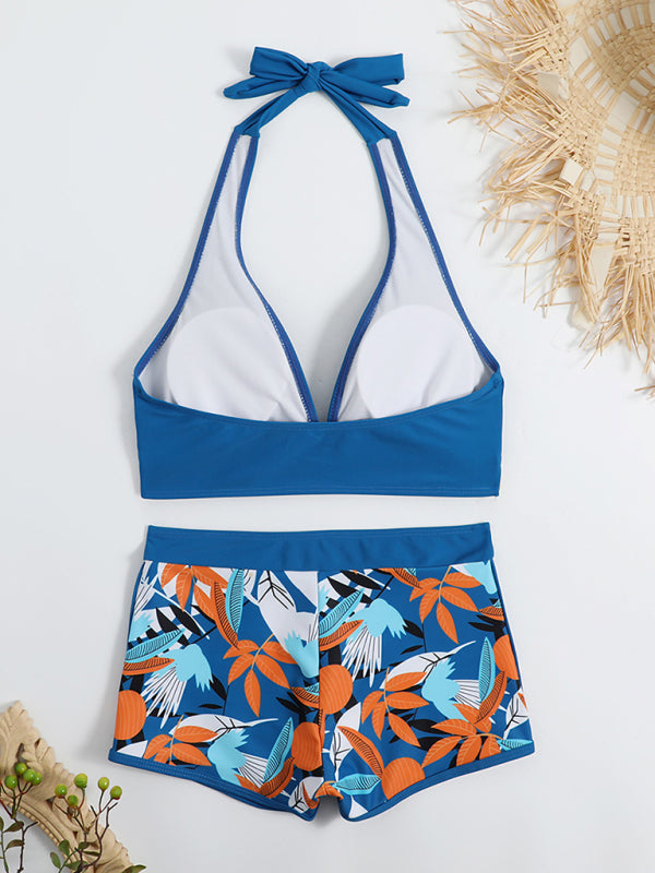 Colorblock High-Waisted Bikini Set – Deep V-Neck Top & Boxer Tie Bottoms