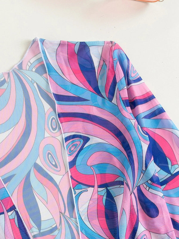 High-Waisted 3-Piece Bikini Set with Long Sleeve Cover-Up & Drawstring Detail