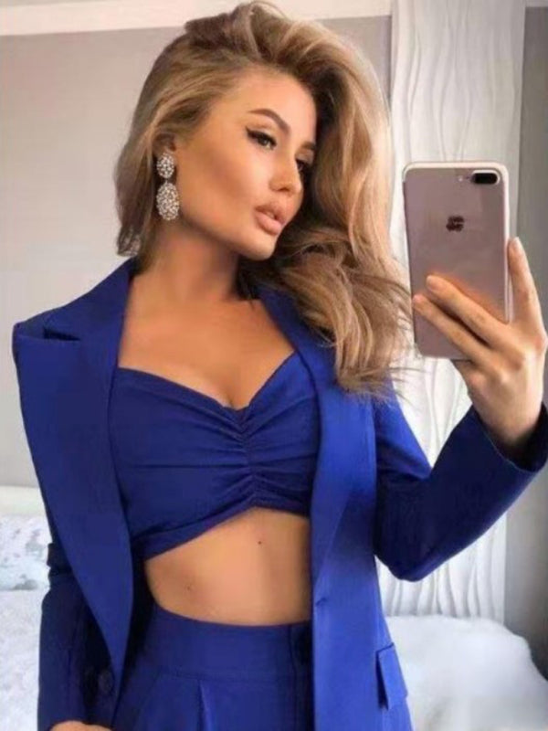 Elegant Solid Color Three-Piece Suit – Blazer, Pants & Crop Top Set