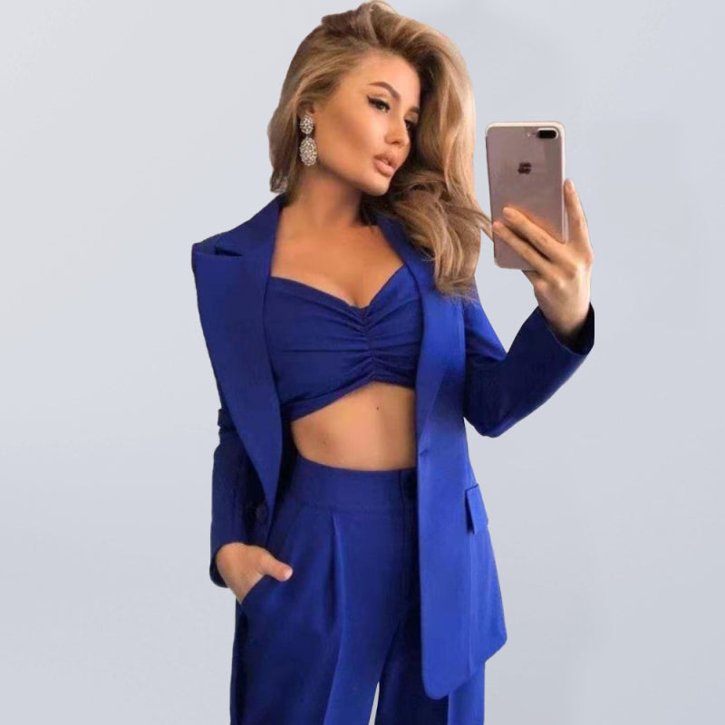 Elegant Solid Color Three-Piece Suit – Blazer, Pants & Crop Top Set