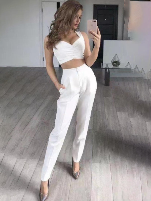 Elegant Solid Color Three-Piece Suit – Blazer, Pants & Crop Top Set
