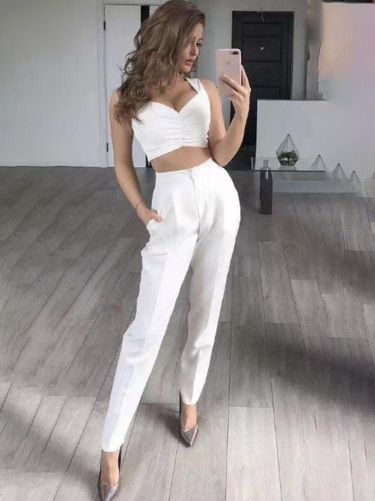 Elegant Solid Color Three-Piece Suit – Blazer, Pants & Crop Top Set