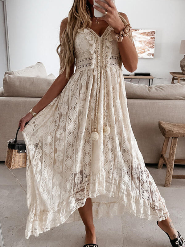 Elegant Boho Lace Slip Maxi Dress – V-Neck, Sleeveless, Lightweight
