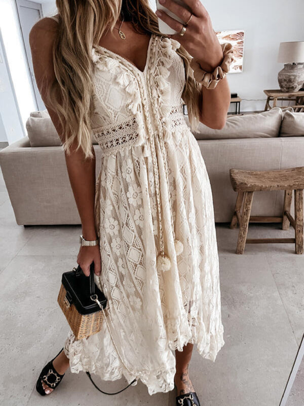 Elegant Boho Lace Slip Maxi Dress – V-Neck, Sleeveless, Lightweight