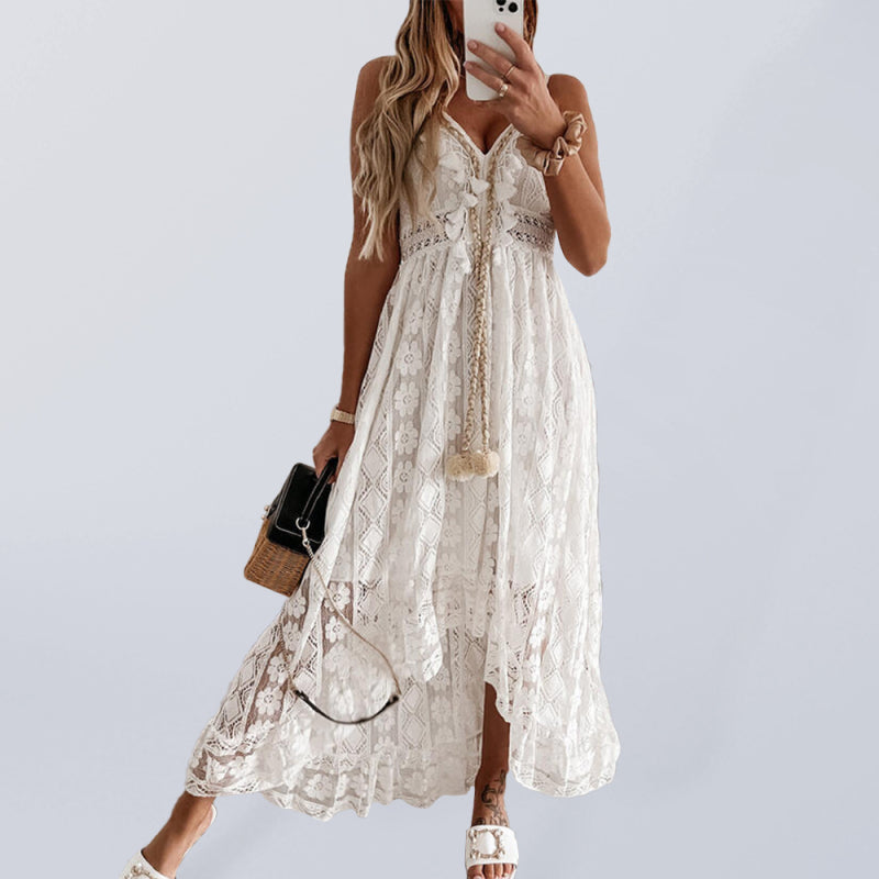 Elegant Boho Lace Slip Maxi Dress – V-Neck, Sleeveless, Lightweight